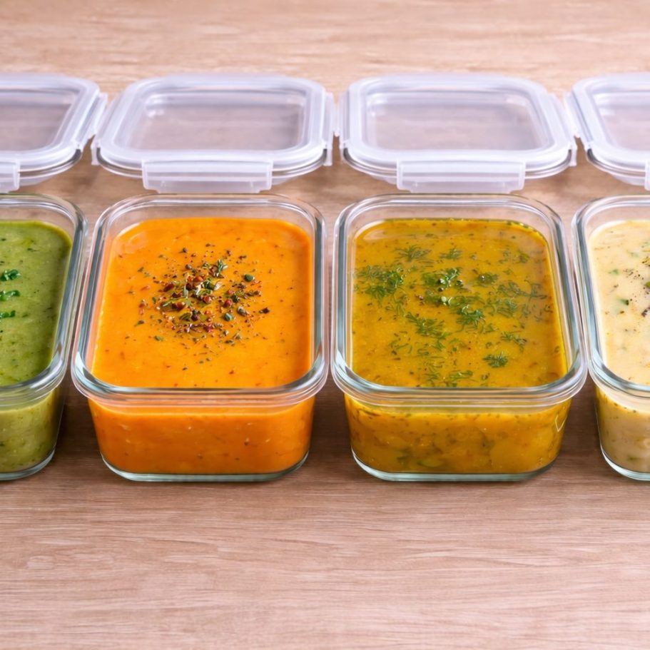 Cinq bocaux en verre contenant des sauces de différentes couleurs : verte, orange, et beige.