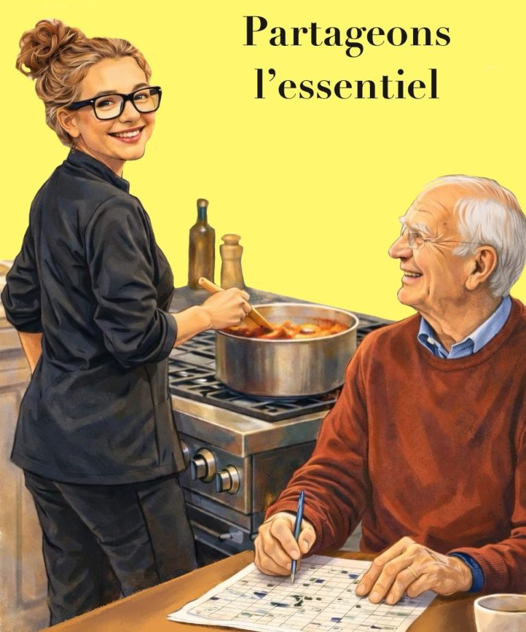 Une femme souriante cuisine pendant qu'un homme âgé l'observe, avec une ambiance chaleureuse.