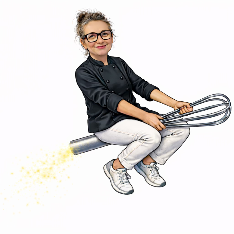 Présentation humoristique de la cuisinière Présentation humoristique de la cuisinière, elle est assise sur son fouet comme si c'était un balai de sorcière volant