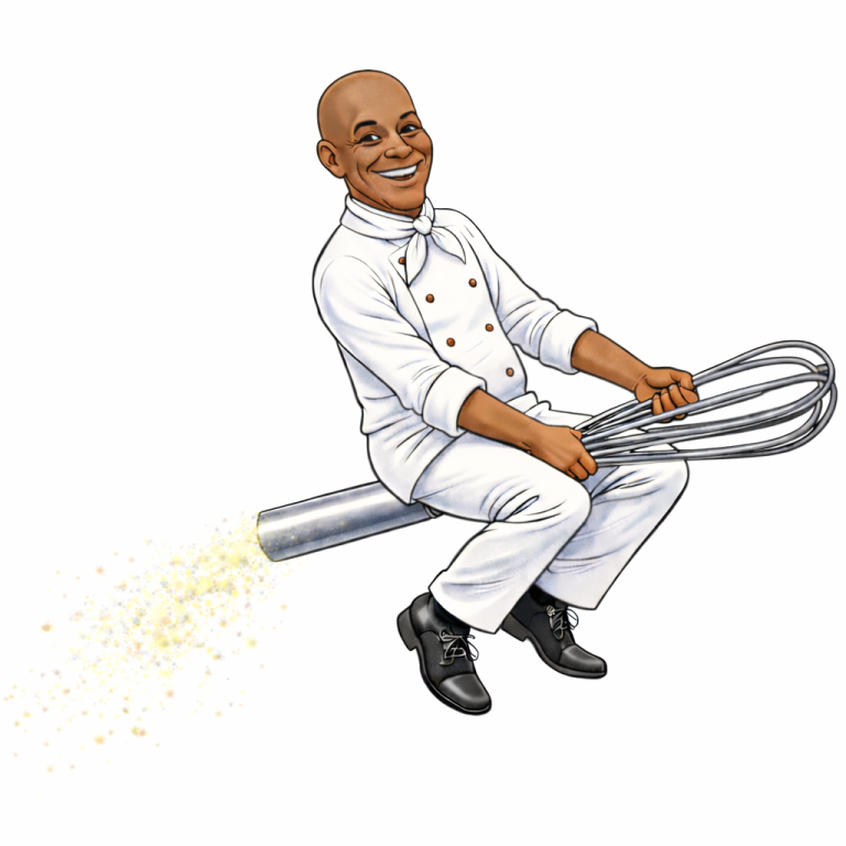 Présentation humoristique du cuisinier Présentation humoristique du cuisinier, il est assis sur son fouet comme si c'était un balai de sorcière volant