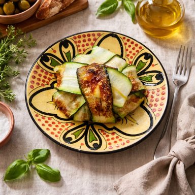 Courgettes farcies Plat de poisson grillé avec courgettes, herbes fraîches et olives, sur assiette colorée.