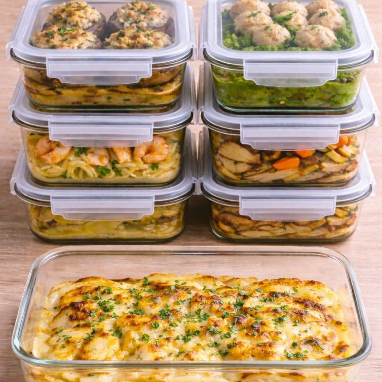 Batch cooking Repas préparés en portions dans des conteneurs en verre, avec des plats variés.