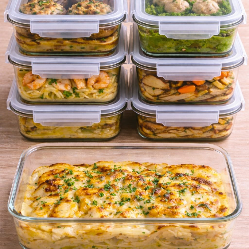 Repas préparés : plusieurs plats dans des boîtes transparentes et un plat au four.