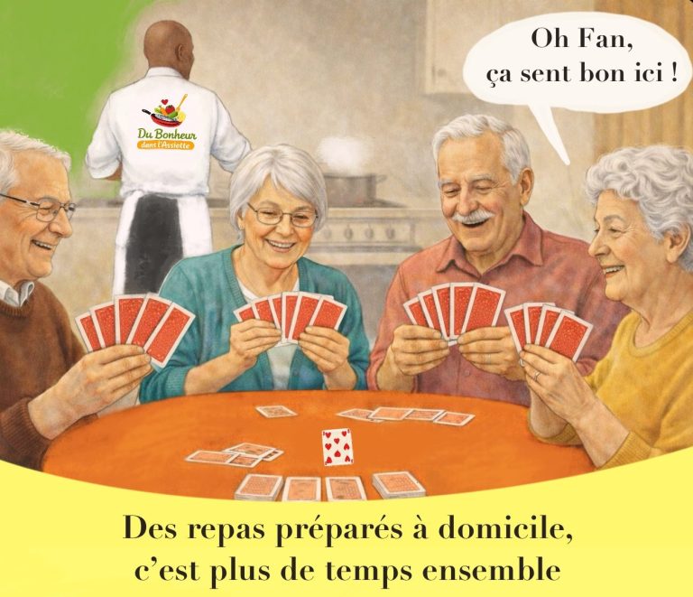 pendant que le cuisinier prépare les repas de la semaine, 2 couples de séniors jouent aux cartes
