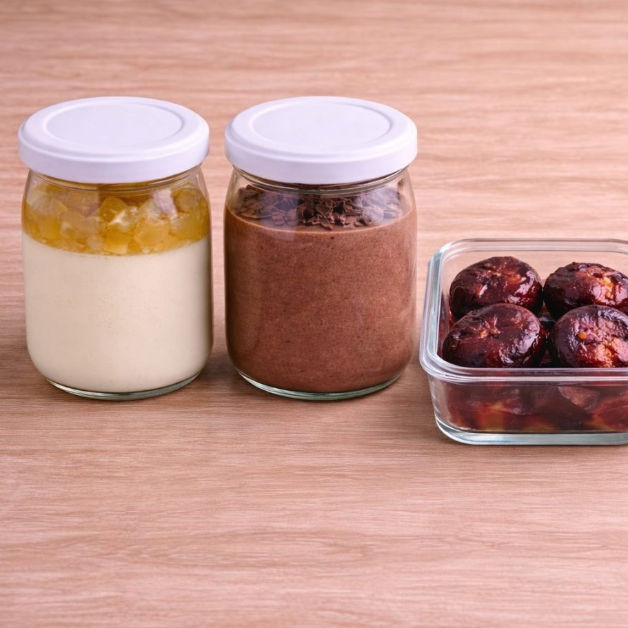 Desserts en bocaux : crème, chocolat, fruits et gâteau dans des contenants en verre.