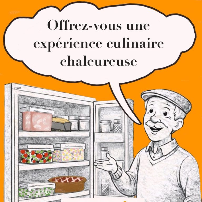 Homme souriant devant un réfrigérateur plein de bons petits plats préparés lors de la séance de batch cooking, ambiance chaleureuse.